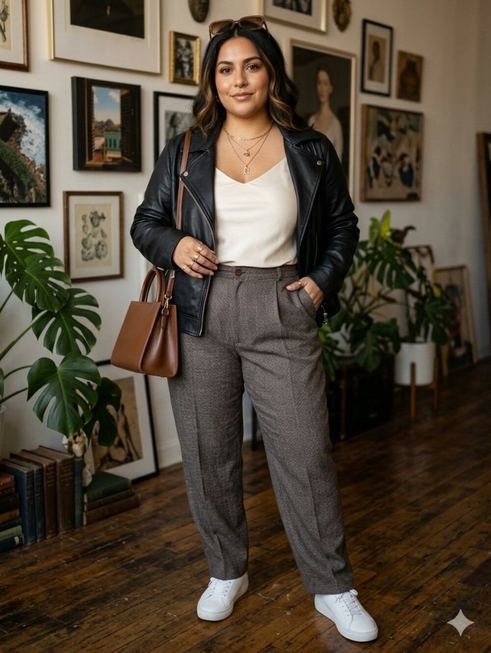Briggs New York High-Waist Trousers in Brown Herringbone Plaid Plus Size 24W